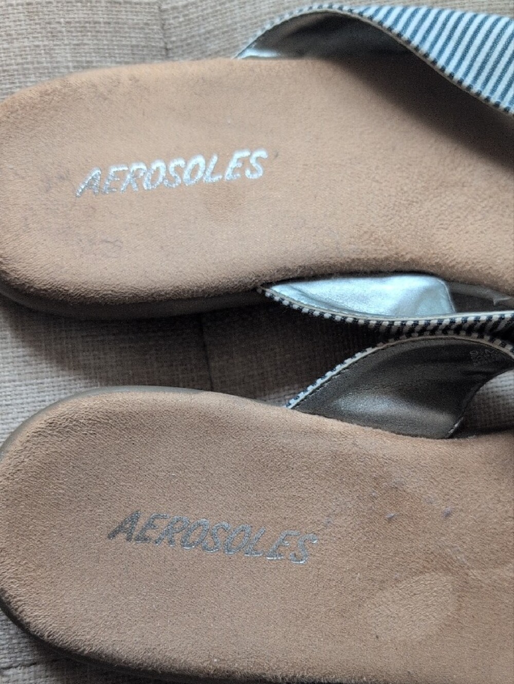 AEROSOLES Tan Footbed Flip-Flops with Blue-White Striped Straps - Picture 2 of 4